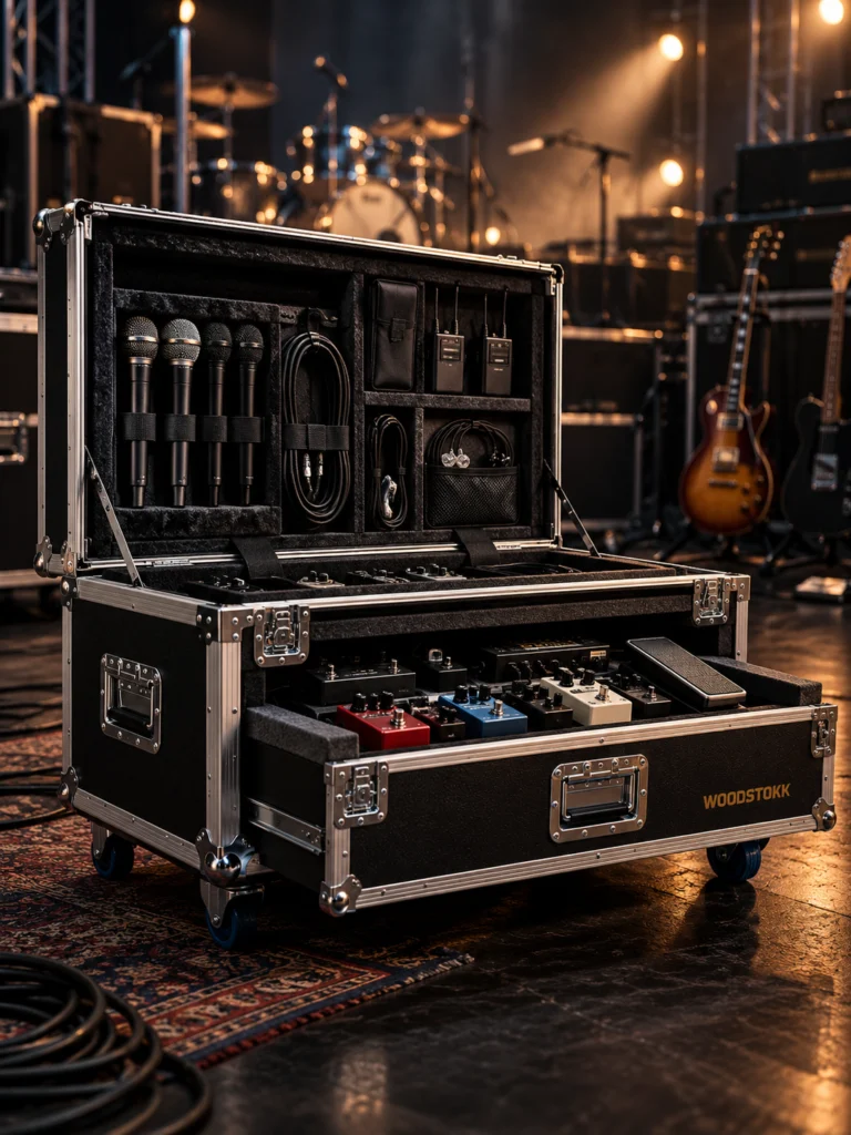 WOODSTOKK instrument flightcase med mikrofoner, kabler, trådløst utstyr og pedalbrett i scenemiljø